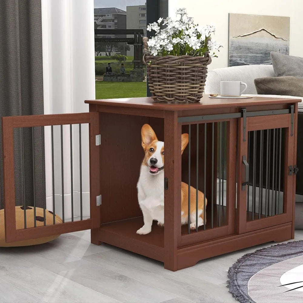Solid Wood Dog Crate Farmhouse Style Indoor Kennel Dual Door Access