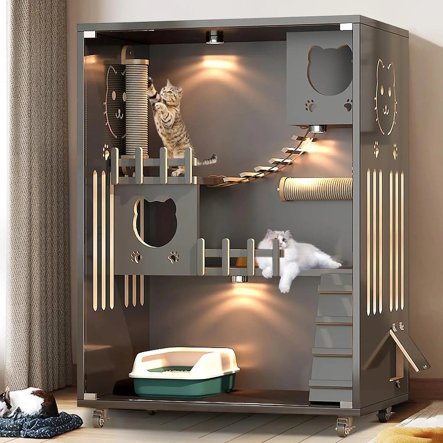 Closure Wooden Large Enclosed Cat Condo With Wheels Indoor Outdoor