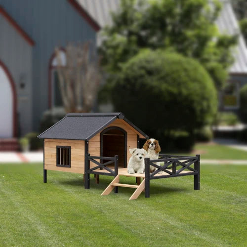 High-concerned Outdoor Wooden Dog House With Porch Fence Waterproof Tile Roof