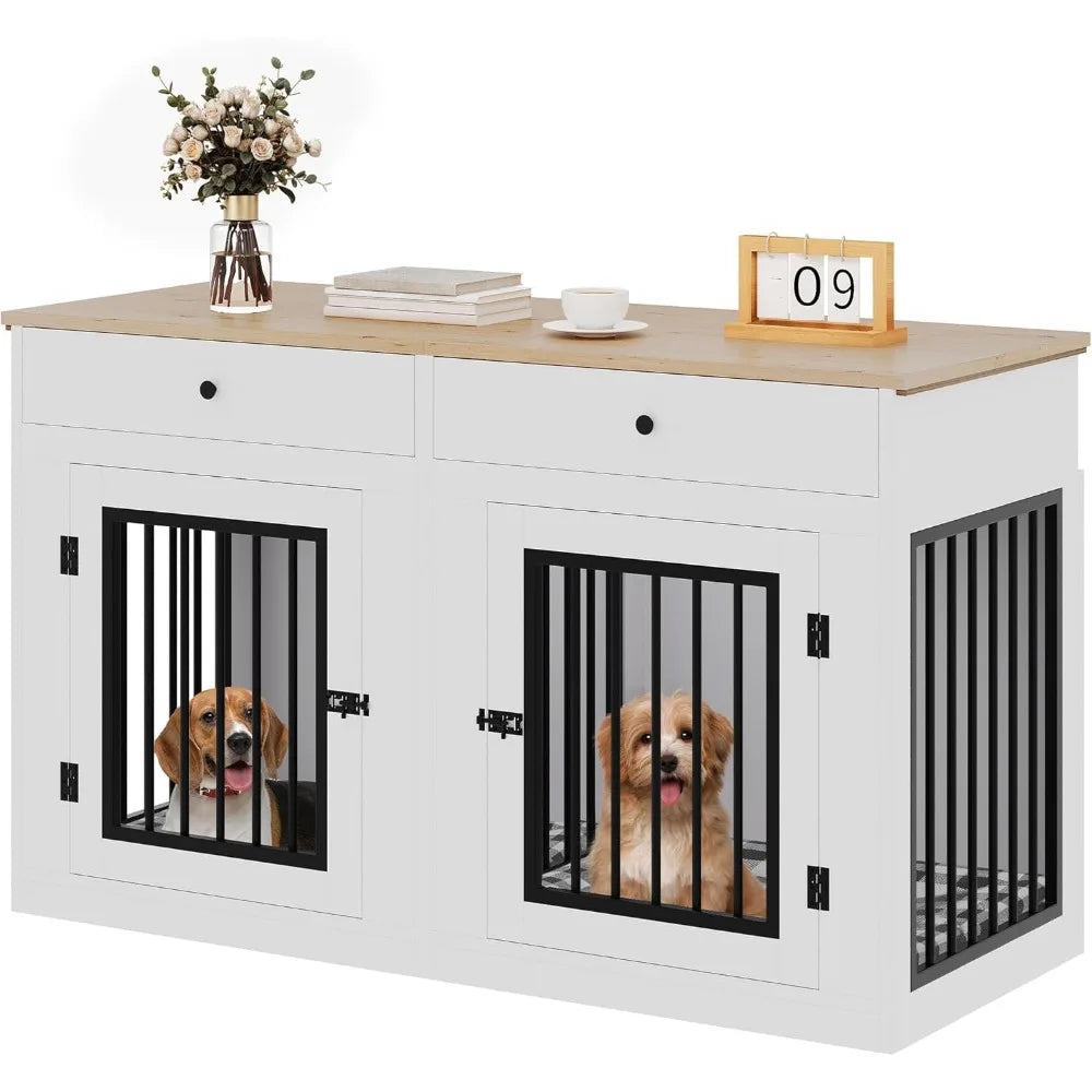 Wooden Dog Crate Furniture With Removable Divider And Storage Drawers