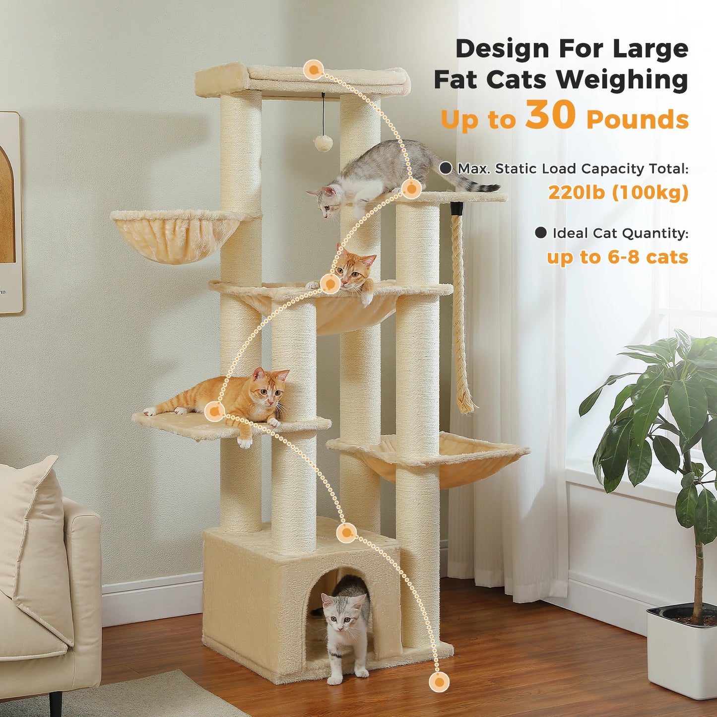 PAWZ Road 5-Tier Cat Tree Tower Hammock And Sisal Posts