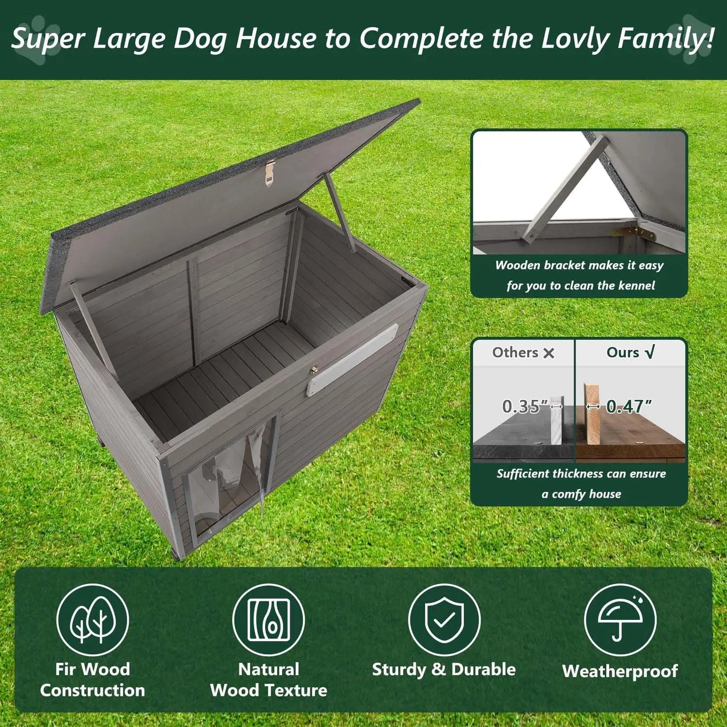 PetsCosset Wooden Dog House Outdoor Kennel With Anti Chewing Frames