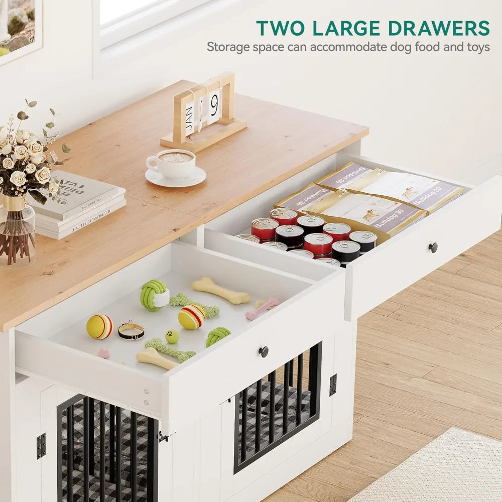 Wooden Dog Crate Furniture With Removable Divider And Storage Drawers