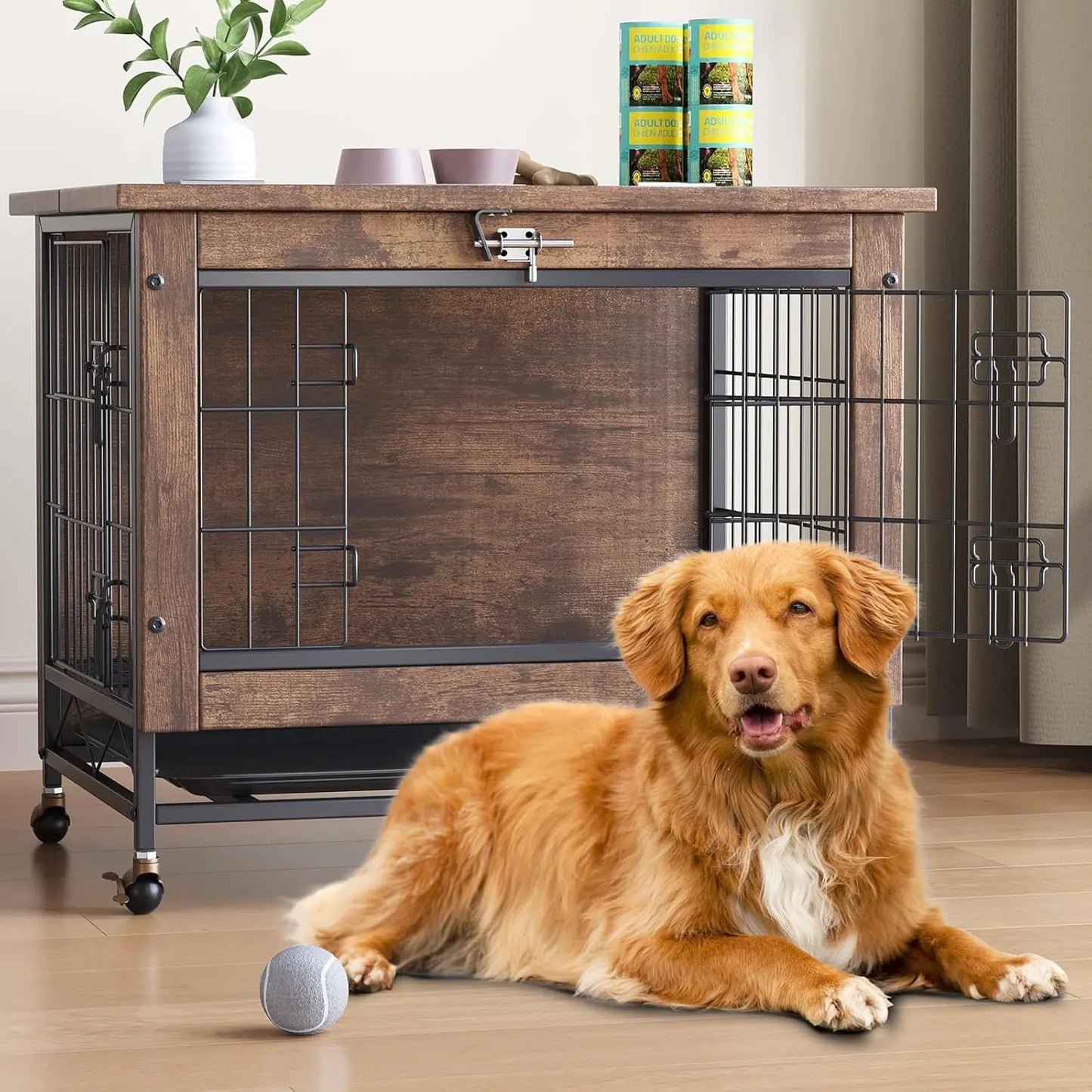 HiMISS Dog Crate Furniture with Wheels Side End Table