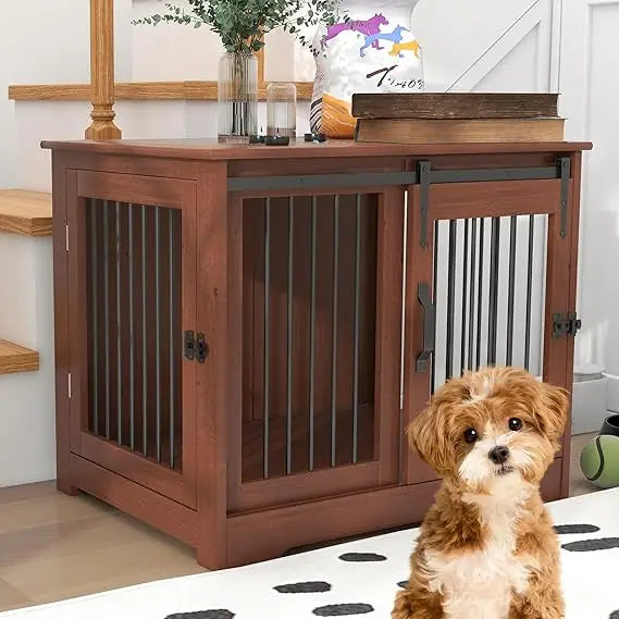 Solid Wood Dog Crate Farmhouse Style Indoor Kennel Dual Door Access