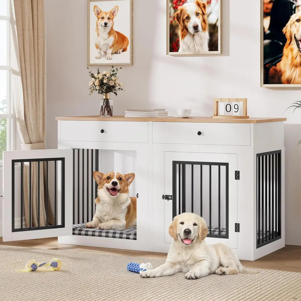Wooden Dog Crate Furniture With Removable Divider And Storage Drawers
