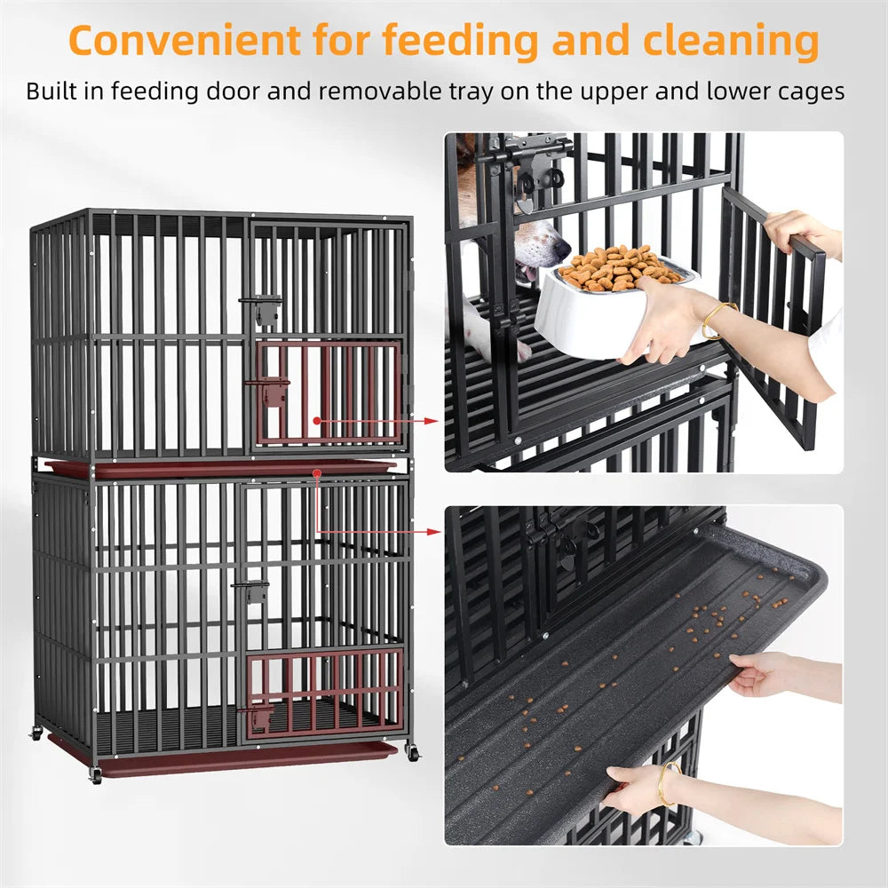 BORWARTH Oversized Stackable Dog Crate With Removable Tray Lockable Wheels