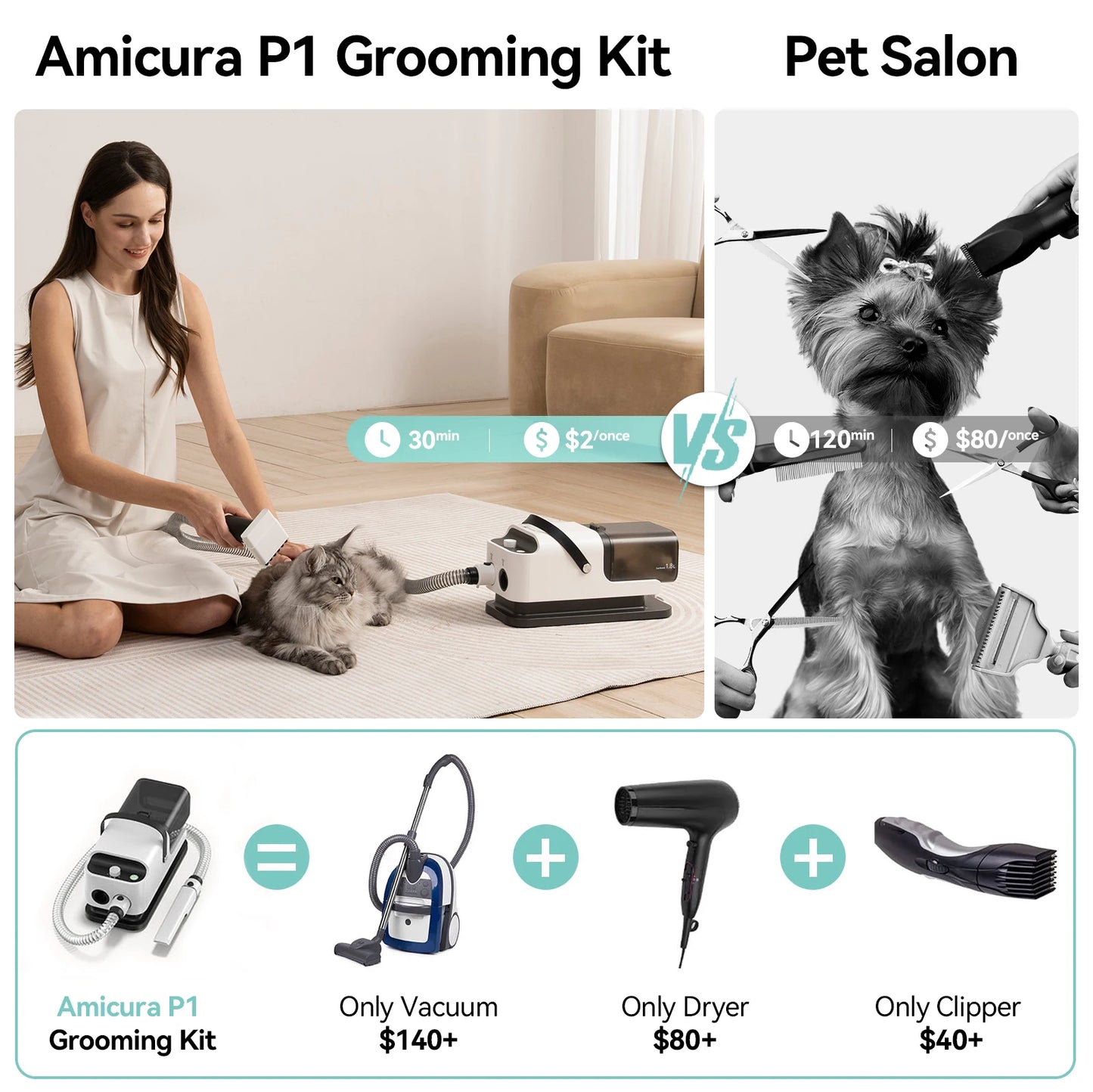 Amicura P1 Vacuum Cleaner and Hair Dryer for Pet Grooming