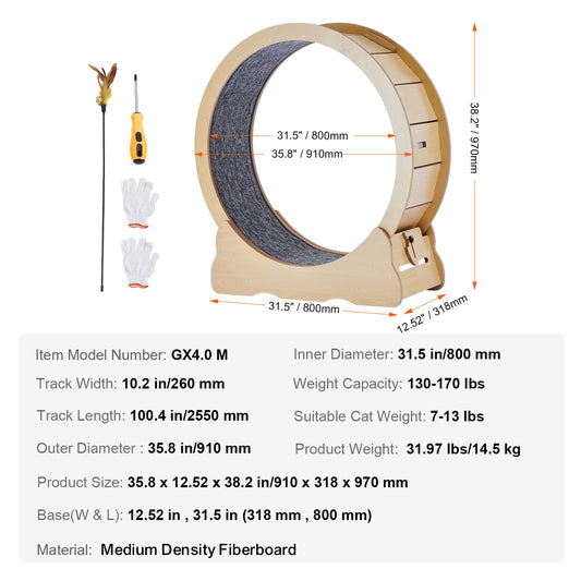SucceBuy Wooden Cat Exercise Wheel Indoor Treadmill With Detachable Carpet
