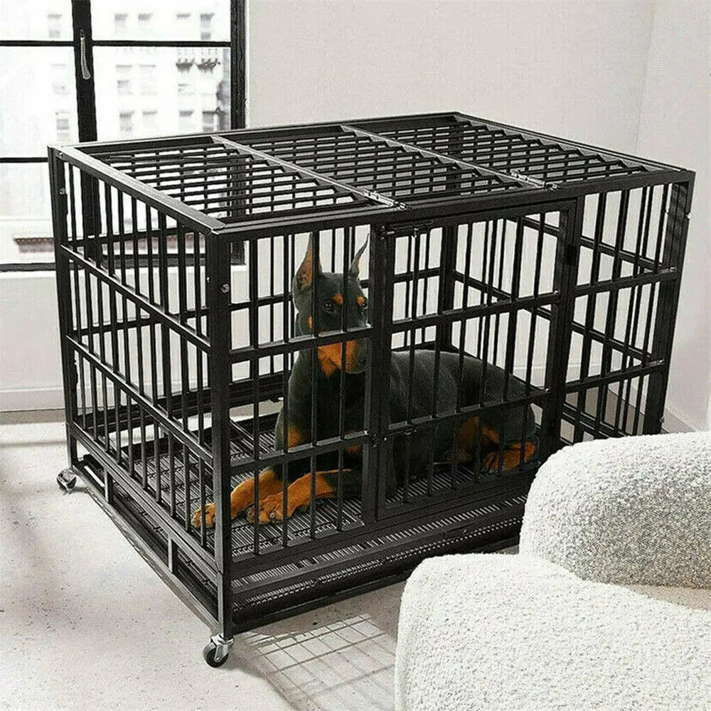 BINGOPAW Heavy Duty Dog Crate With Lockable Wheels 3 Doors