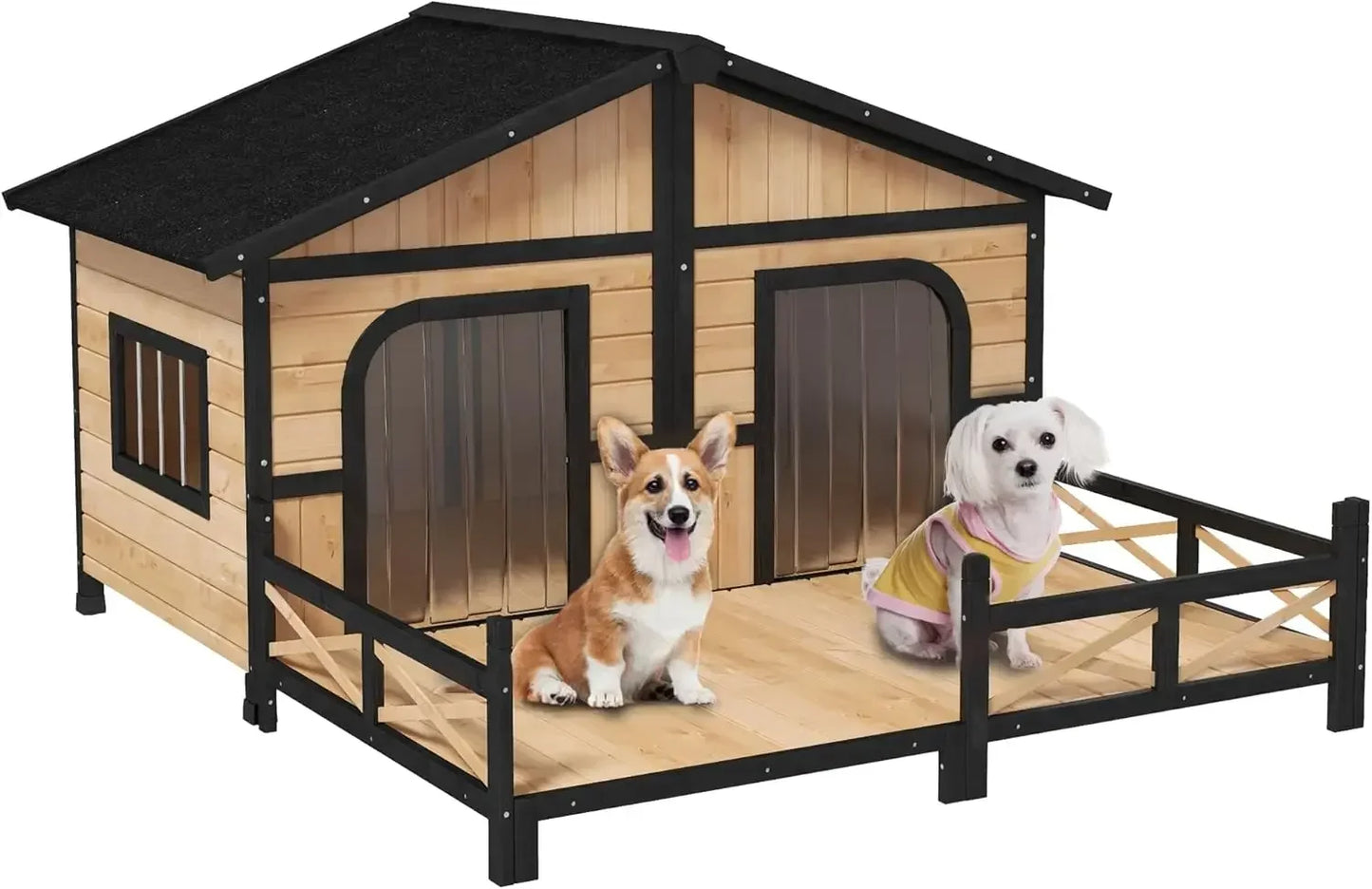 XMSJ Wooden Outdoor Dog House Kennel With Elevated Porch