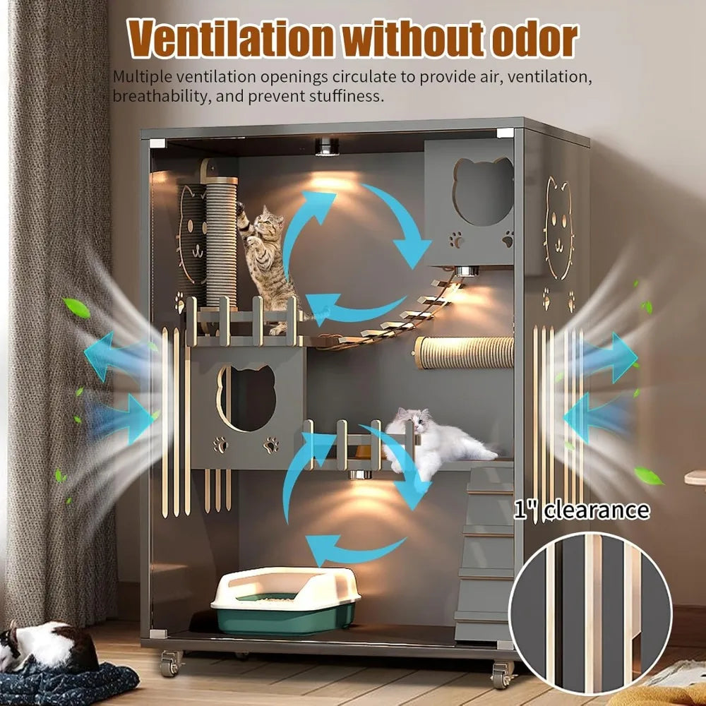 Closure Wooden Large Enclosed Cat Condo With Wheels Indoor Outdoor