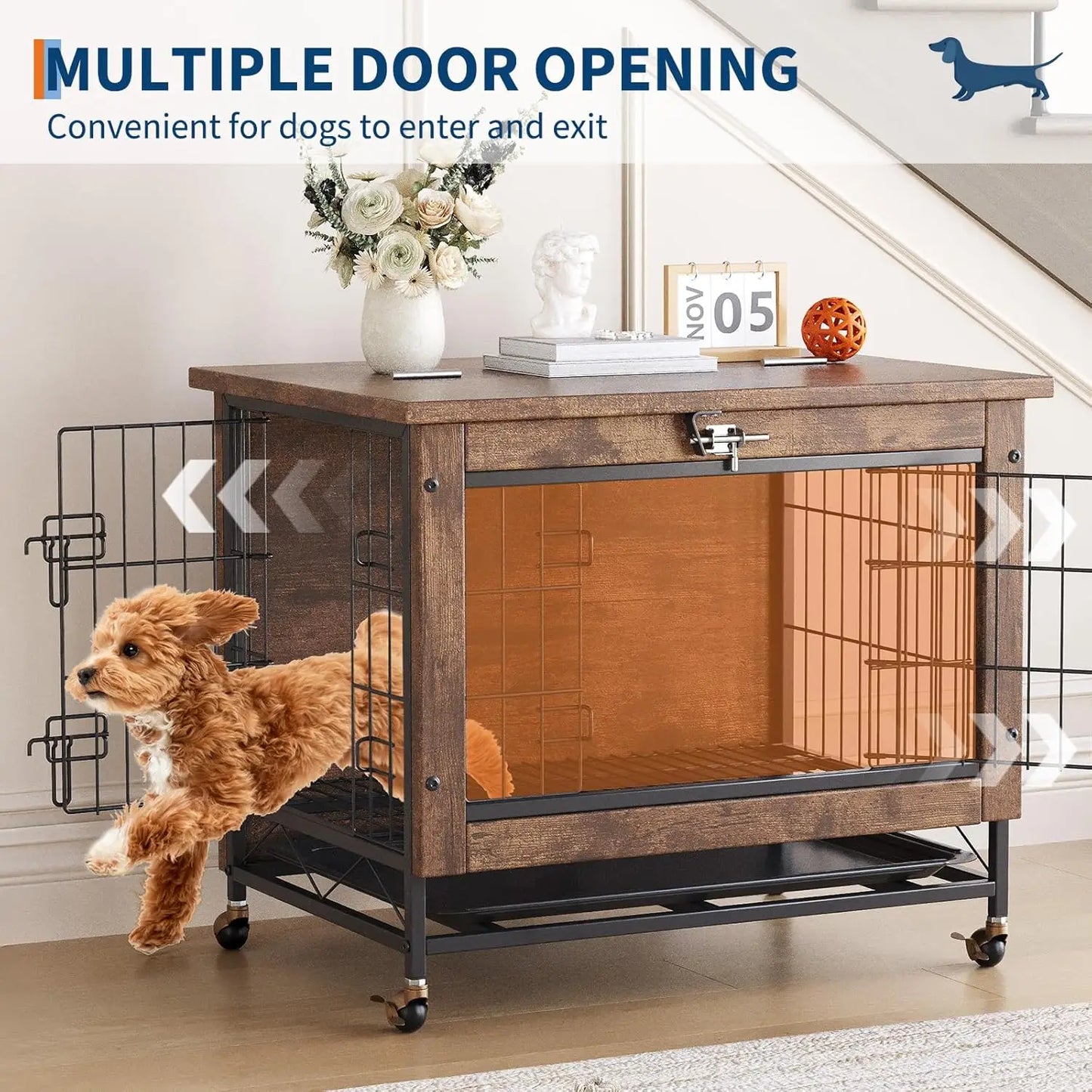 HiMISS Dog Crate Furniture with Wheels Side End Table