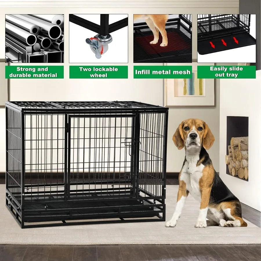 High-concerned Large Dog Kennel With Wheels And Double Doors