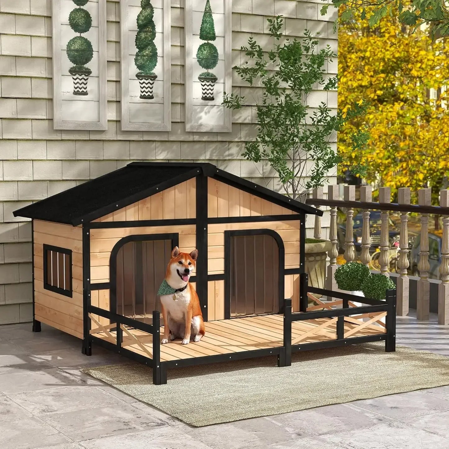 XMSJ Wooden Outdoor Dog House Kennel With Elevated Porch