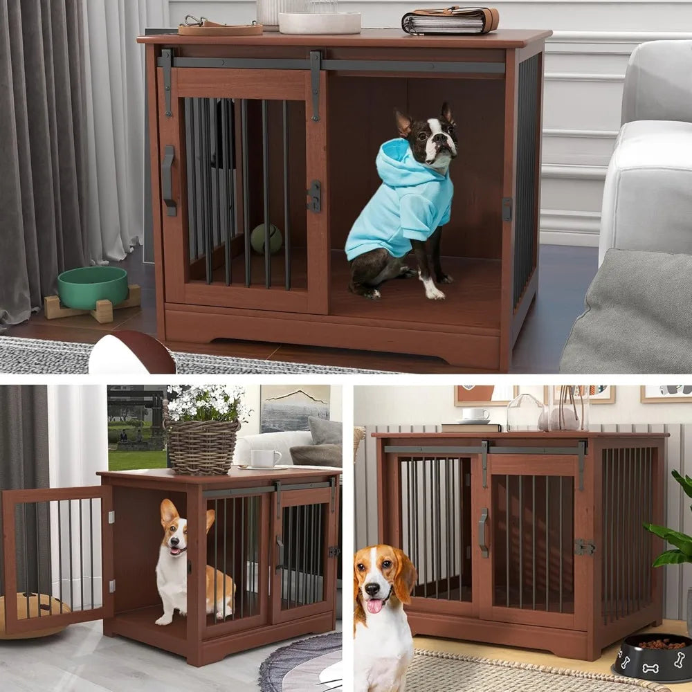Solid Wood Dog Crate Farmhouse Style Indoor Kennel Dual Door Access