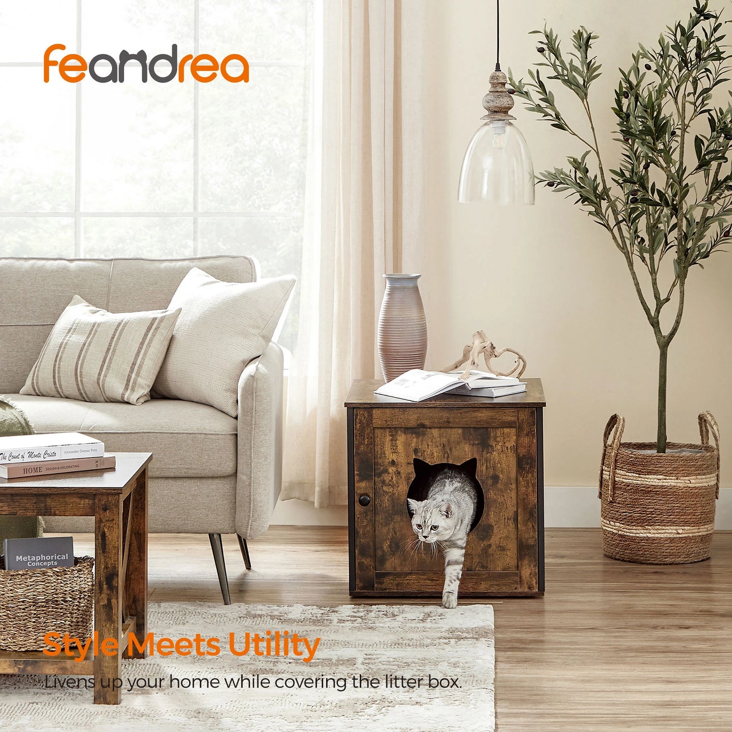 FEANDREAH Hidden Litter Box Furniture Enclosure Cabinet For Cats