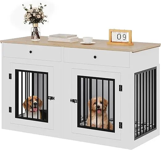 Wooden Dog Crate Furniture With Removable Divider And Storage Drawers