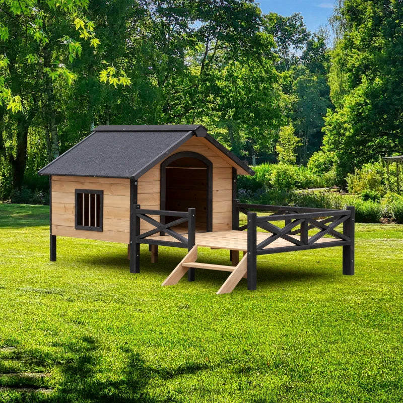 High-concerned Outdoor Wooden Dog House With Porch Fence Waterproof Tile Roof
