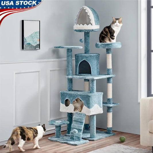 XMSJ Ocean Themed Cat Tree With Shark Mouth Perch Plush