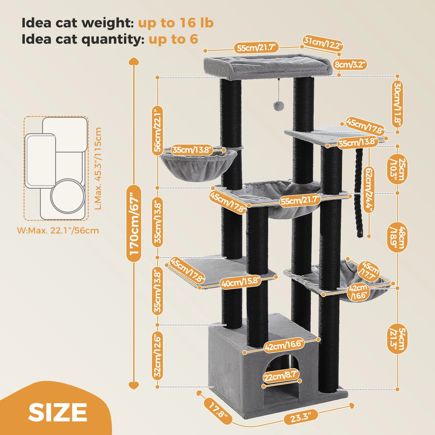PAWZ Road 5-Tier Cat Tree Tower Hammock And Sisal Posts
