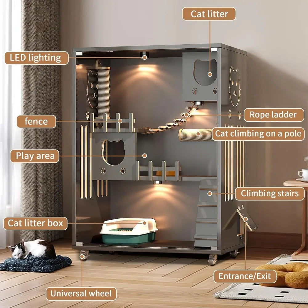 Closure Wooden Large Enclosed Cat Condo With Wheels Indoor Outdoor
