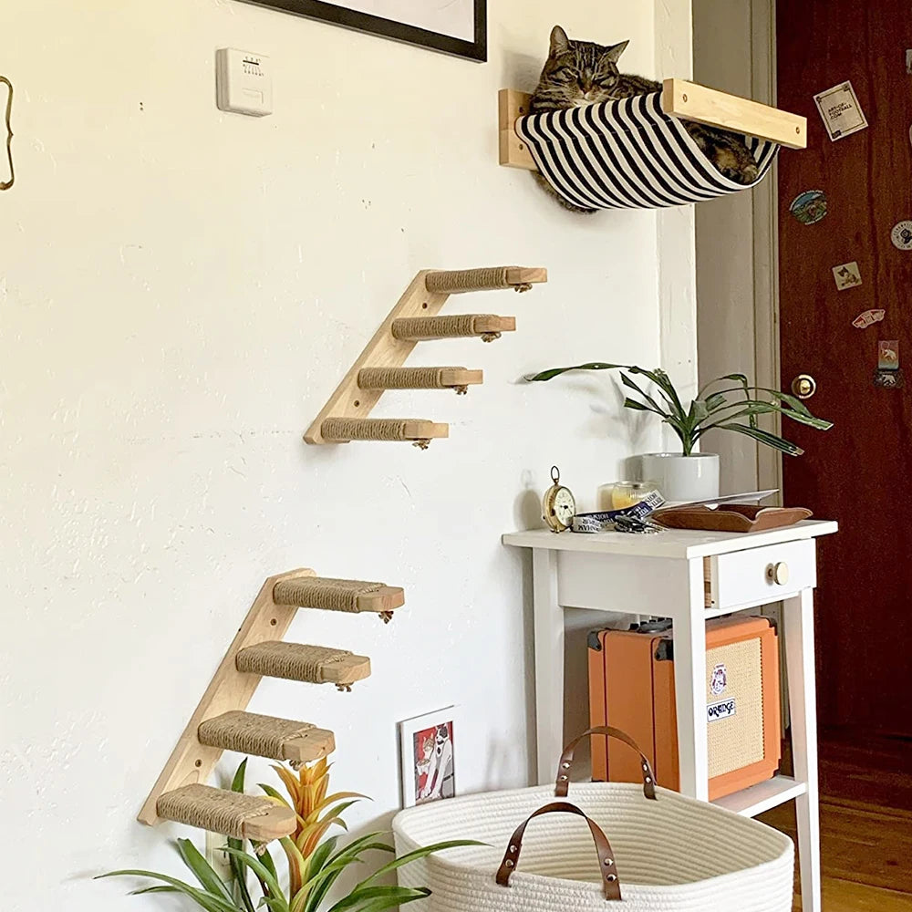 PETRAVELCN Wall Mounted Cat Hammock And Three Tier Scratching Posts