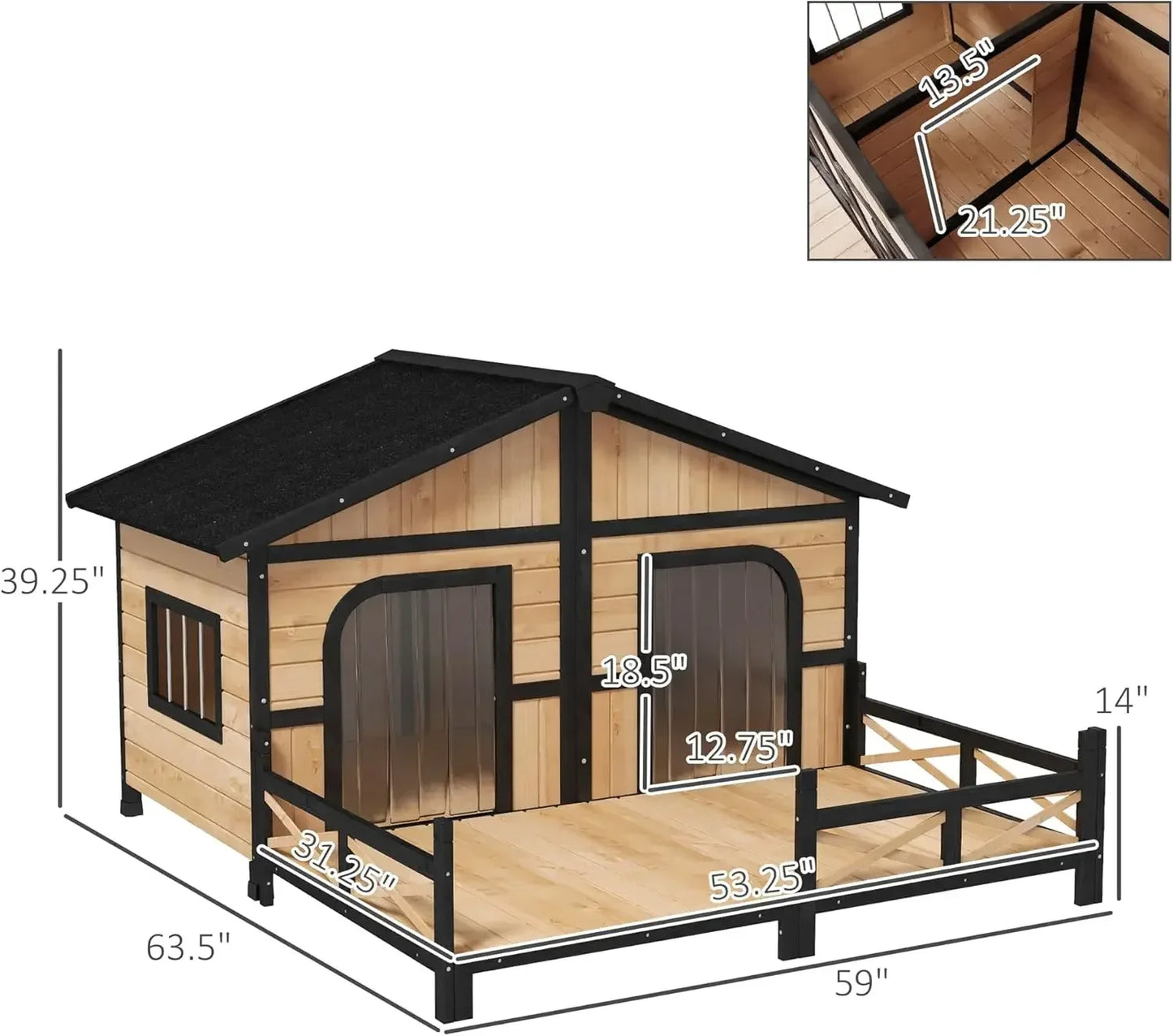 XMSJ Wooden Outdoor Dog House Kennel With Elevated Porch