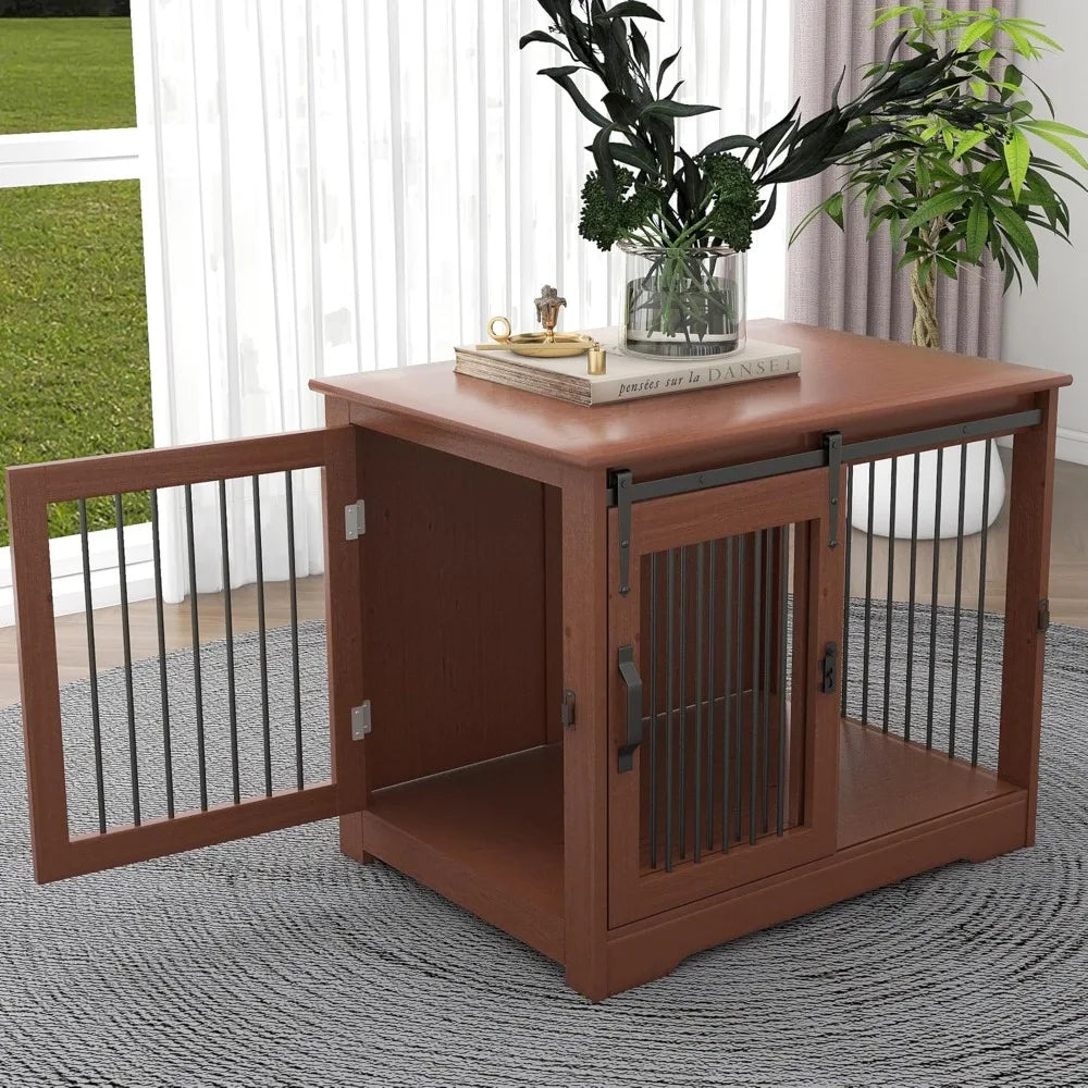 Solid Wood Dog Crate Farmhouse Style Indoor Kennel Dual Door Access