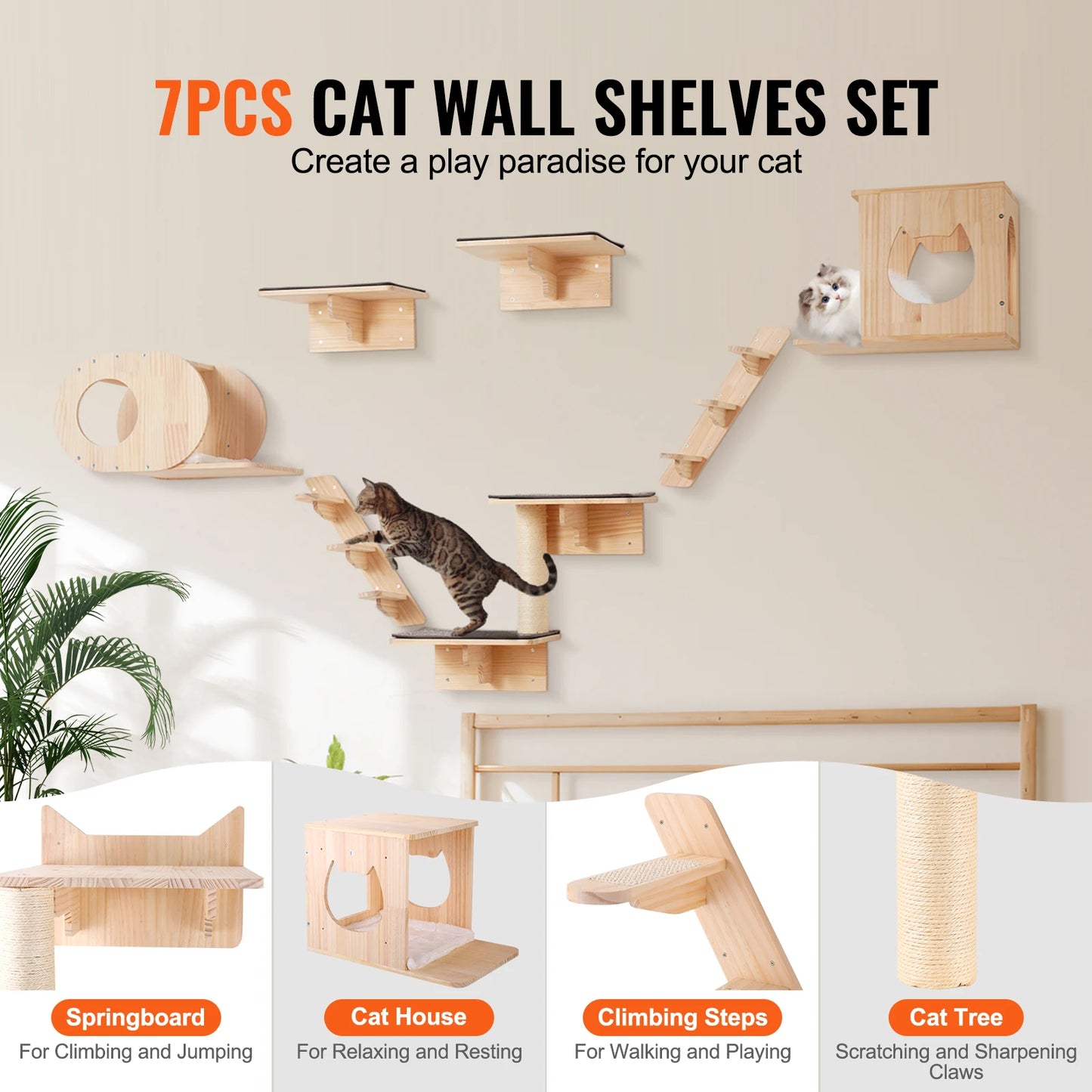 SucceBuy Wall Mounted Cat Shelves Perches Jumping Boards Cat Tree