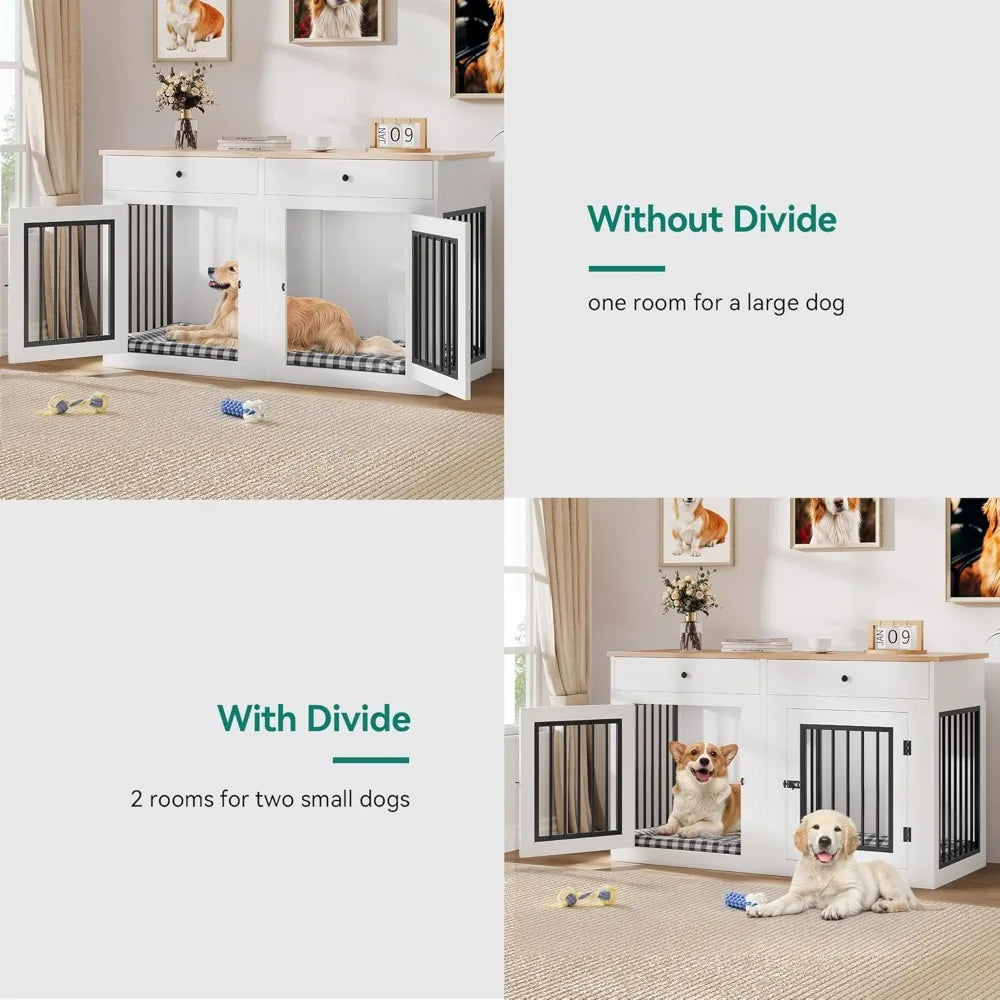 Wooden Dog Crate Furniture With Removable Divider And Storage Drawers